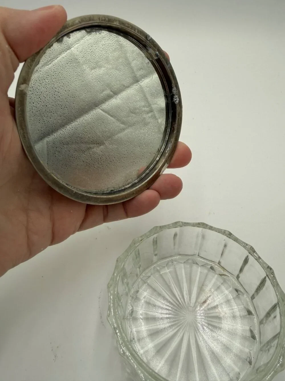 Vintage Glass Vanity Jar Ornate Silver Tone Lid Floral Design Scalloped Body